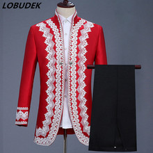 Men England Style Court Dress Red Embroidery 2 Colors Blazers Suits Wedding Groom Stage Costume Prom Party Singer Chorus Costume 2024 - buy cheap