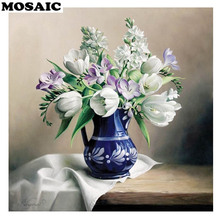 Vaso de flores brancas com bordado redondo/quadrado, faça você mesmo, mosaico 5d, pintura de diamante, imagem de ponto cruz de strass 2024 - compre barato