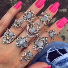 Jewdy Fashion hyperbole Crystal Flower carving Silver Color Rings Set Hollow Out Vintage Finger Ring Set Women Jewelry 9 Pcs 2024 - buy cheap