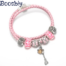 Boosbiy venda quente couro corrente charme pulseiras com pingente de flor rosa se encaixa estilo europeu marca pulseira para as mulheres agradável presente 2024 - compre barato