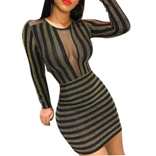 Sexy Bright Silk Striped Wrap Dress See Through Mesh O Neck Long Sleeve Short Dresses Party Club Dress vestidos 2024 - buy cheap