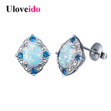 Uloveido 6*8mm Fire Opal Earrings for Women Silver Color Blue Stud Earings with Stone Female Earring Fashion Jewelry 5% ER144 2024 - buy cheap