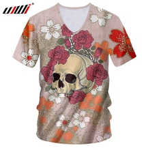 UJWI 3D Printed Beautiful Wreath Skulls V Neck Tshirt Men's Spandex Clothing New Arrivals Tee Shirt Chinese Style Man T-shirt 2024 - buy cheap