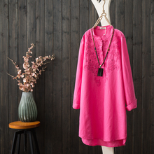 Camisa larga bordada de algodón y lino para mujer, blusa informal con cuello levantado, Estilo Vintage, rosa roja, primavera, 2021 2024 - compra barato