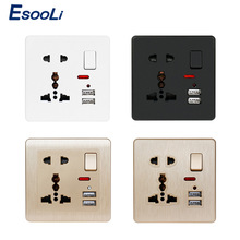 Esooli tomada universal com 5 orifícios, 2,1a branco/preto/dourado, tomada de parede, carregador usb duplo, indicador led 2024 - compre barato