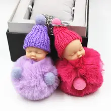 Hot Sell Cute Sleeping Baby Doll Key Chain Real Rex Rabbit Fur Keychain Fluffy Pom Pom Keyring Bag Car Trinket Women Gift 2024 - buy cheap