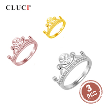 CLUCI-Anillos abiertos en forma de corona para mujer, de Plata de Ley 925, anillo de perlas de montaje, corona ajustable, SR2092SB, 3 uds. 2024 - compra barato