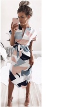 Женское платье с геометрическим принтом, повседневное осеннее платье с рукавом до запястья, круглым вырезом и поясом, 2018 2024 - купить недорого