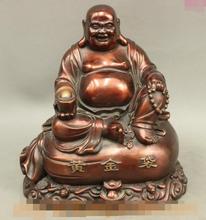 Free shipping S03276   8" Chinese Bronze Buddhism Wealth YuanBao Gold Bag Happy Laugh Maitreya Statue 2024 - buy cheap