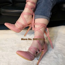 Sandália de salto alto feminina, calçado de mão bico fino com amarra cruzada rosa camurça 2024 - compre barato