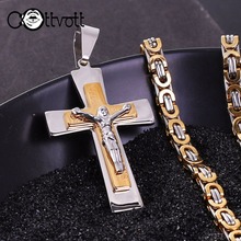 Punk Pendant Necklaces Gold Silver Color Stainless Steel Jesus Cross Byzantine Link Chain Jewelry for Men Wholesale MN76 2024 - buy cheap