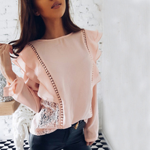 New 2018 Spring Summer Lady Fashion Lace Stitched Hollow Out Chiffon Blouse Sexy Tops O-Neck Long Sleeve Ruffles Causal Shirts 2024 - buy cheap