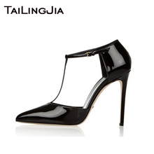 Black Patent Leather Women Pointed Toe T-Strap Heels Ladies Elegant Stiletto High Heel Pumps Party Dress Footwear Big Size Shoes 2024 - buy cheap