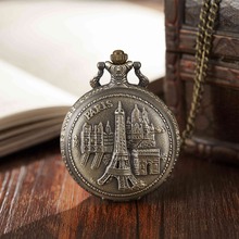 Reloj de bolsillo con vista de la Torre Eiffel antigua para hombre y mujer, pulsera de bronce, de bolsillo, cazador completo, collar Fob, regalo 2024 - compra barato