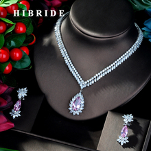 HIBRIDE Shiny Pink Color Water Drop AAA Cubic Zircon Necklace Dubai Dress Jewelry Set White Gold Color Necklace Sets N-816 2024 - buy cheap