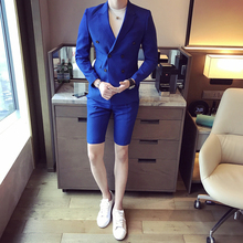 Мужской костюм цвета хаки с короткими брюками, двубортный приталенный синий Блейзер, вечерняя одежда, черный свадебный костюм, смокинг, лето 2024 - купить недорого