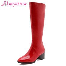 Lasyarrow Back Zipper Knight Boots Black Red Beige Knight Boots Square Med-heeled Pointy Round Toe Knee High Boots Motorcycle 2024 - buy cheap