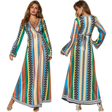 Novo maxi vestido vintage listrado sexy, vestido boho elegante de manga longa com decote em v para mulheres, 2019 2024 - compre barato