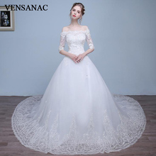 VENSANAC 2018 Boat Neck Sequined Ball Gown Wedding Dresses Lace Appliques Half Sleeve Court Train Backless Bridal Gowns 2024 - buy cheap