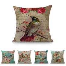 Cojín cuadrado de lino y algodón para el hogar, almohada Retro con diseño de pájaro y flores, 45x45, 18" 2024 - compra barato