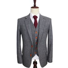 Blazer masculino de lã retrô cinza espinha de peixe tweed estilo britânico terno personalizado terno casamento alfaiate terno 3 peças 2024 - compre barato