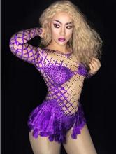 Fashion  Sexy Purple Crystals Long Sleeve Body suit Outfit Party Stage Wear Dance Nightclub Singer Rhinestone Bodysuit 2024 - buy cheap