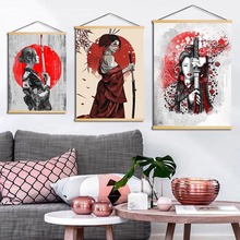 Print Modern Solid Wood Hanging Scrolls Painting Japanese Kendo Canvas Wall Art Woman Home Decoration Posters for Living Room 2024 - buy cheap