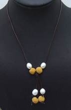 SALE Big 10-11mm White Rice Natural Freshwater Pearl with yellow lava beads 18" Genuine Leather Necklace-5913 2024 - buy cheap