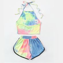 2 PCS Tie-dye Harajuku das Mulheres Define Bonito Shorts e Top para meninas Ocasional Conjunto de Duas Peças de Algodão de Praia Feminino Bermuda Cintura Elástica 2024 - compre barato