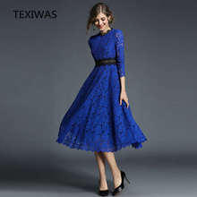 TEXIWAS New 2018 Spring Women's Lace Hollow Big swing Out Long Dresses Femme Casual Clothing Women Sexy Slim Party Dress 2024 - buy cheap