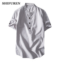SHIFUREN 2018 New Arrival Men Cotton Linen Shirts Mandarin Collar Shirt Short Sleeve Soft Breathable Male Social Dress Shirts 2024 - buy cheap