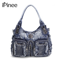 Ipinee bolsa de couro jeans feminina 2021, bolsa de mão fashion para mulheres, bolsa de ombro azul de grande capacidade, bolsa de carteiro feminina 2024 - compre barato