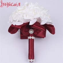 WifeLai-A Pearls Beaded PE Rose Bridesmaid Wedding Foam flowers Rose Bridal bouquet Ribbon Fake Wedding bouquet de noiva Mariage 2024 - buy cheap
