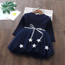 Vestido infantil de manga comprida, vestido lantejoulas com estrela e cinto para meninas, vestidos de festa e baile para crianças, roupas casuais para a escola primavera/outono 2024 - compre barato