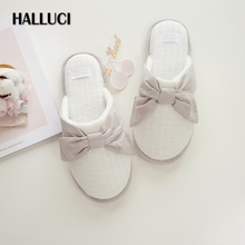 Simples adorável bowknot casa chinelos sapatos mulher malha de algodão interior macio sapatos para o quarto feminino antiderrapante chinelos 2024 - compre barato