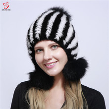 Free Shipping 2018 New Women Real Mink Fur Hat Winter Russian Warm Knitting Fur Genuine Mink Hat Warm Fox Pompom Earflap cap hat 2024 - buy cheap