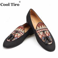 Cool Tiro Tassels Belgian Loafers Men's Moccasins Slippers Wedding Dress Shoes Flats Black Canvas Ethnic printing Casual Shoes 2024 - buy cheap