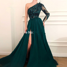 Green Muslim Evening Dresses A-line One-shoulder Chiffon Lace Slit Islamic Dubai Kaftan Saudi Arabic Long Evening Gown 2024 - buy cheap