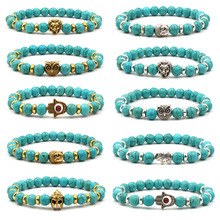 Natural Gold Lion Owl Hamsa Head Bracelets For Man Color Turquoises Bead 8MM  Elastic Rope Beaded Chain Bangle 2024 - buy cheap