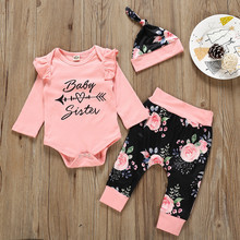 Autumn New Fashion Kid Toddler Infant Baby Boy Girl Pink Yellow Black White Letter Cartoon Romper+Print Pants+Cap Outfits Set Z4 2024 - buy cheap