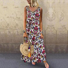 Long Dress Women Summer 2019 Vintage Folk Print V-neck Sleeveless Maxi Dress Plus Size Bohemian Loose Cotton Linen Robe Vestidos 2024 - buy cheap