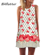 BHflutter 2018 Dress Women New Fashion Red Rose Print Casual Summer Dress Sleeveless Round neck Boho Style Shift Chiffon Dresses 2024 - buy cheap