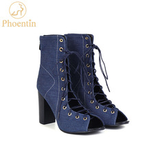 Phoentin denim verão sandálias botas mulheres 2019 lace up ankle boots peep toe super salto alto sexy sapatos femininos de volta zipper FT610 2024 - compre barato