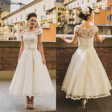 2021 1950s Vintage Ankle Length Wedding Dresses Cap Sleeve Jewel Neck Flower Belt A Line Lace Short Bridal Gowns Custom Made 2024 - buy cheap