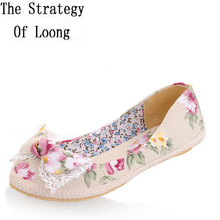 Spring Autumn New National Style Bowknot Embroider Flowers Shallow Slip-On Canvas Plus Size 43 44 Women Casual Flats Shoes 0405 2024 - buy cheap