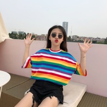 Camiseta a rayas de arcoíris para mujer, camiseta de manga corta, camiseta Punk coreana, camiseta femenina 2019 2024 - compra barato