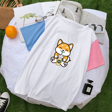 Color Block Splicing Tshirts Women Tops Summer Casual Kawaii Shiba Cartoon Print Tee Shirt Femme Harajuku Cotton T Shirt Clothes 2024 - buy cheap