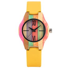 Women 's Watch Yellow Leather Strap Watches Colorful Bamboo Case Watch  for Female Girls Quartz Analog Bamboo Wristwatch 2024 - buy cheap