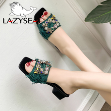 LazySeal Women Crystal Heels Slides High Heel Slippers Summer Heel Open Toe Ladies Shoes Sandals Metal Buckle Female Shoes Woman 2024 - buy cheap