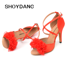 SHOYDANC-zapatos de baile latino para mujer, zapatos de baile de salón, sandalias de Salsa con flores de seda roja, novedad 2024 - compra barato